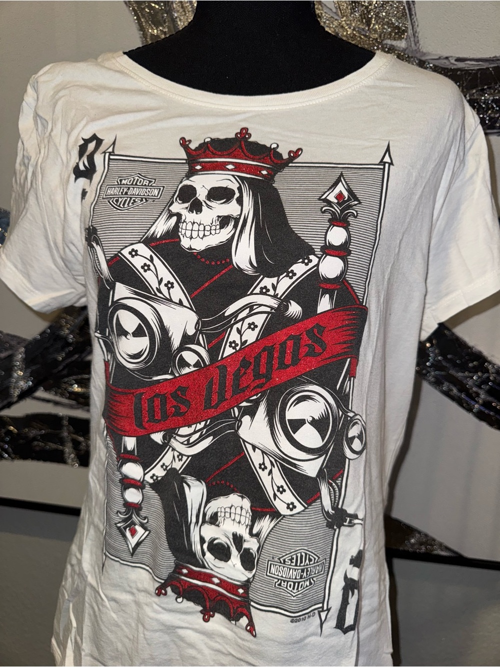 Harley-Davidson White Tee with Red Glitter & Black Logo